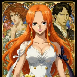 intricately detailed vfx portrait of swedish nami from one piece by eiichiro oda, makoto shinkai, alphonse mucha, art by artgerm and greg rutkowski, best of behance, concept art, matte, sharp focus, orange hair, elegant, adolphe bouguereau, annie leibovitz, stanley kubrick, hdr,