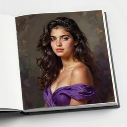 beautiful brunette argentinian - italian girl pro photobook, purple dress suggestive realism painting