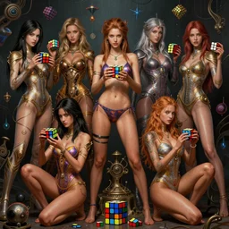 girls solving a rubik's cube, fantasy character portrait, bikini, bodysuit, leotard, ultra realistic, wide angle, intricate details, the fifth element artifacts, highly detailed by peter mohrbacher, hajime sorayama, wayne barlowe, boris vallejo, aaron horkey, gaston bussiere, craig mullins