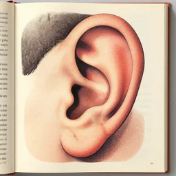 stipple shaded illustration of a human ear by ilya kuvshinov, anatomy book, retro flat colors, retrofuturism