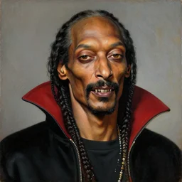 a venetian portrait painting of snoop dogg as a vampire with fanged teeth, realistic