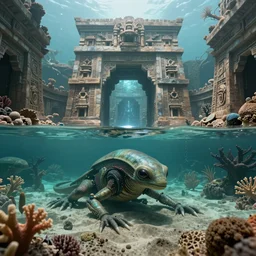 old americana, cyborg, alien, water, amphibian, alien world, submerged, aquatic, aztec architecture, advanced, coral, sand, alien plants, temple, portal, star gate