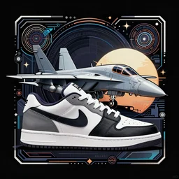 sneaker with elements of plane f-18 in the style of cyberpunk noir art deco
