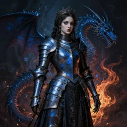 Gothic princess in dark and blue dragon armor. By (Rembrandt painting(500)(fractal flame)), highly detailded