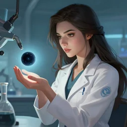 a league of legends concept art of a beautiful young female scientist in a laboratory looking at a small black hole in her hand, style by jordan grimmer and greg rutkowski, a close - up shot, elegant, sharp focus, morandi color scheme, illustration, high quality, highly detailed, long hair, digital art