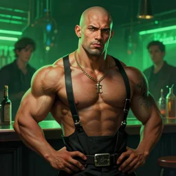 character concept portrait, brazilian bald bodybuilder bouncer, cyberpunk bar background, digital painting, green neon, bokeh, detailed, highly detailed, smooth, sharp focus, illustration by ruan jia and mandy jurgens and william - adolphe bouguereau, artgerm