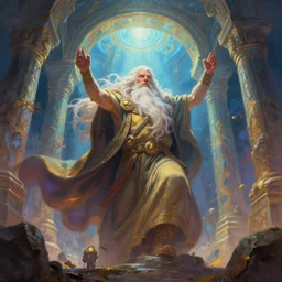 elder pagan god rising from a magical portal inside mysterious ancient ruins, painted by peter mohrbacher, trending on artstation, character portrait, character concept art, dynamic lighting, beautiful character painting, mystical figure, closeup, vibrant colors, digital illustration by bjorn hurri, maxim verehin and tomas duchek