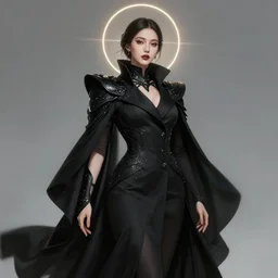 detailed portrait of beautiful lady in black coat, seductive confident pose, attractive feminine curves, intricate, futuristic, elegant cape, elegant, photorealism, trending on artstation, holy halo, advanced technology, art by moebius and vitaly bulgarov and chanthara
