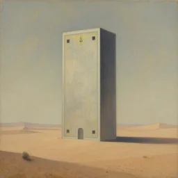 very weird minimalistic machine, huge, occult, in the middle of desert, blotchy, hazy oil painting, tarot texture, by carrington and beksinski