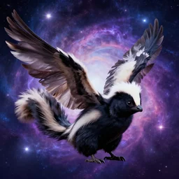 skunk, feathers, bird, avian, wings, synthwave, universe background, nebula, galaxy, artstation