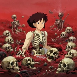 surreal red sea filled with skeletons and skulls by hayao miyazaki, digital art. surreal. trending on art station. anime arts. featured on Pixiv, HD, 8K, highly detailed, good lighting. beautiful. epic.