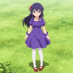 anime girl wearing purple dress, red shoes, red hair tie, white tights,, on isekai farm darwyn cooke, bernie wrightson, guido crepax, will eisner, alex toth, bill ward, bob clampett, matte painting concept art