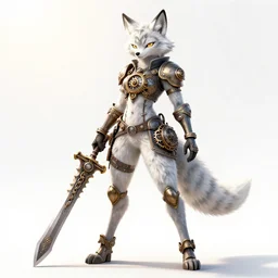 anthropomorphic lynx fursona wielding steampunk chain sword, wearing steampunk suit with clockworks and gears as a woman with lynx head, tail, paws,, by tanidareal, irakli nadar, muggur, intricate linework, unreal engine, 3 d render, furry art, furaffinity, bright sun backlight, white detailed fur, thin legs