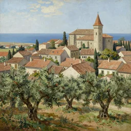 painting_of_a_rural_French_medieval_village_by_the sea near olive trees by Aleksander_Rostov