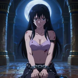 Lucy Heartfilia chained and shackled, upset, tears in eyes | cuts and scrapes | Somber moon | wet Egyptian Dungeon Chamber | Big Moon at Night | strong blue rimlit | visual-key | anime illustration | highly detailed
