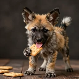 serving graham crackers to a fluffy african wild / painted dog pup so he can happily lick his graham crackers : a good boy