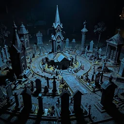 wide shot photo taken of an epic intricate, ultra detailed, super realistic miniature graveyard at night filmset created by weta workshop directed by tim burton, menacing, wide angle shots, moody night time scene, photorealistic, sharp focus, gloomy, extremely cold blueish colour temperature, 3 5 mm, f 1. 4