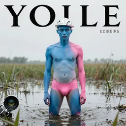 editiorial style cover photo of a blue and pink skinned man, wearing a chrome hat on top of his head. Standing in a knee-deep swamp. Telephoto lens, f2.8