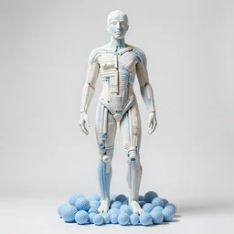 a fine art photograph formal self sculpture by the artist kelbv, in distinct hyper realistic style with tubes neatly navigating the contours of his body, and fragmented body littered with light blue and white gingham spheroids, perfect bright studio lighting.