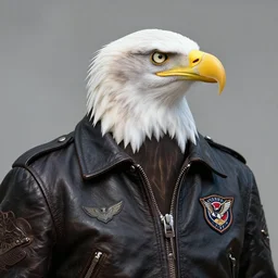 a bald eagle in a leather jacket with wings insignia, greg rutkowski, artstation