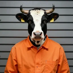 mugshot of a cow dressed as an inmate, Cow mugshot, orange jumpsuit, jail photograph
