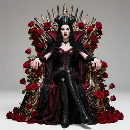 vampire queen on treasure throne with roses and holes and gemstones