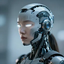 photo of soulful female as a cyberpunk mecha humanoid robotic head and face parts with straight fluorescent lamps over face, ultra - realistic and detailed, long exposure, soft focus hdr 8 k