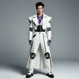 male ulzzang with white leather garment, black cybernetic enhancements, purple crystal jewelry, full shot, fashion photography, by irving penn and storm thorgerson, ren heng