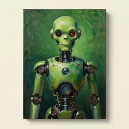 grim oil portrait painting of good and friendly sentient ai machine, symmetrical, golden ration, green color scheme, realistic shaded lighting, octaine rendering, wallpapper, magali villeneuve, trending on artstation