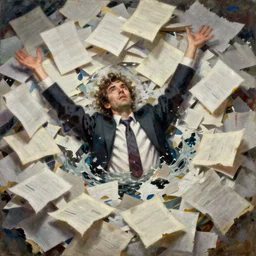 one business man drowning in a huge pile of papers, painting by shaun tan, detailed, intricate, torn paper decollage, oil on canvas by edward hopper, ( by mattias adolfsson ), by moebius