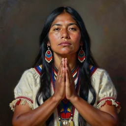 a beautiful painted portrait of an indigenous female shaman praying with her hands on her chest with self love, matte painting, ayahuasca, by christophe vacher