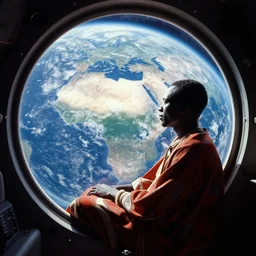 a analogue photo of a African tribal man Djing in a spaceship, planet earth seen in porthole window, wide angle, photography by Martha Cooper