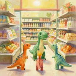 3 small dinosaurs entering a grocery store painted by thomas kinkade