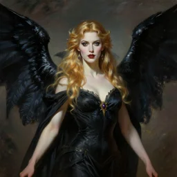 raven winged female vampire, fantasy, portrait painted by Raymond Swanland