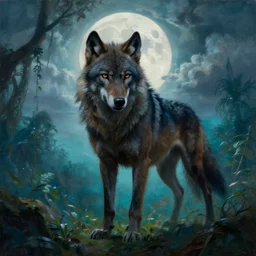 by frazetta , panoramic close up of realistic werewolf , full body backlight ,top light ,full body portrait ,highly textured oil painting ,jungle ,cyan graveyard  with backlight from the moon ,foggy background ,with  dramatic sky ,clouds and giant oversized moon and storm