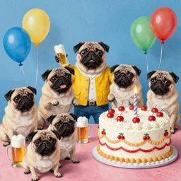pugs crazy party with beers, balloons and giant cakes, painted by boteroand hundertwasser