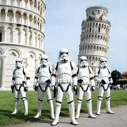 storm troopers standing infront of the tower of pisa