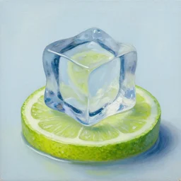 oil painting of an ice cube in front of a slice of lime.