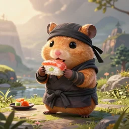 anthropomorphic hamster ninja eating sushi, ninja outfit, standing in a beautiful landscape, cute and adorable, dnd character art portrait, matte fantasy painting, deviantart artstation, by jason felix by steve argyle by tyler jacobson by peter mohrbacher, cinematic lighting