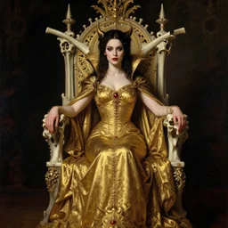 perfectly centered portrait of beautiful vampire queen in gold gothic robe sitting on a throne of bones, elegant, ornate, detailed, symmetrical, painting by gaston bussiere, craig mullins, j. c. leyendecker, 8 k, mid shot