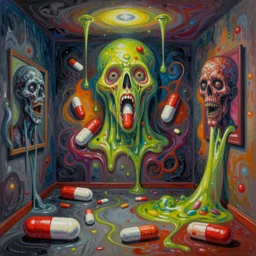 an empty room in the style of constructivism, pills, grotesque, doomed, neural acrylic paint, high resolution, gouache on canvas, ultra detailed, vibrant colors, grotesque, wrapped thermal background, slimey, art by francis bacon, beksinski painting