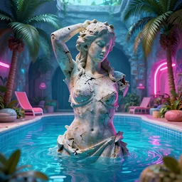 a hyperrealistic 3 d render of a crumbling statue in a surreal underground swimming pool surrounded by palm trees and neon lights, vaporwave, unreal engine, octane render, dramatic lighting, volumetric lighting, ultra detailed, photorealistic