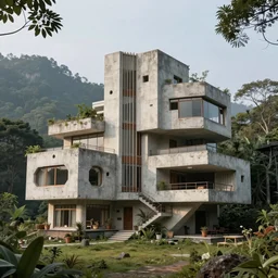 massive colossal mega brutalist house on a secluded mountain with trees around