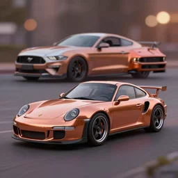 surrealism car similar to porsche, polestar and mustang painted in copper. len blur background bokeh. art by ismail inceoglu, filip hodas, and pixar.