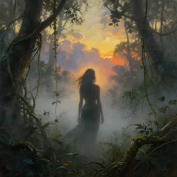 foggy jungle with vines and spikes ,woman silhouette backlight , oil painting by frazetta, dramatic clouds sunset