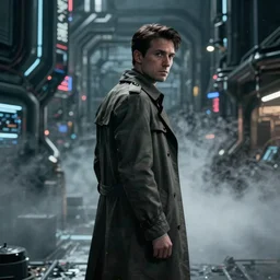 Movie poster, ONE SINGLE detective in trench coat looking away from the camera, cyberpunk, futuristic, technology, , cinematic lighting, depth of field, highly detailed, volumetric fog, dark, moody, gritty