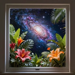 a window full of tropical flowers, inside the window you can see the galaxy, fantasy art, trend in artstation