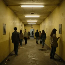 the backrooms, the eerie forlorn atmosphere of a place that's usually bustling with people but is now abandoned and quiet, walls with tone of yellow, buzzing fluorescent lights, unsettling images