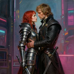 attractive handsome fully clothed jaime lannister confesses his love for attractive fully armored brienne of tarth. blade runner 2 0 4 9. centered composition. highly detailed painting by gaston bussiere and j. c. leyendecker and william adolphe bouguereau and fra angelico and octane render, cyberpunk art by james gilleard, cgsociety, retrofuturism, synthwave, retrowave, outrun musee d'orsay 8 k