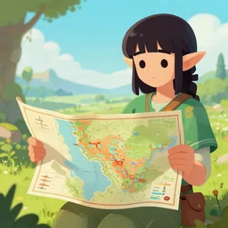 a cartographer lady with dark hair and bangs holding a map of human consciousness in the style of zelda-windwaker and adventure-time, digital art painting